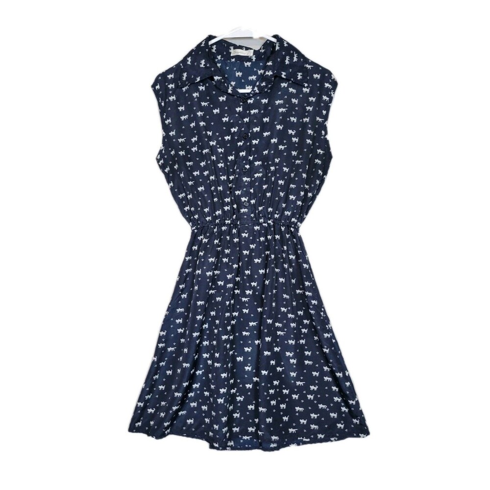 Juniors Twee Cat Print Collared Sleeveless Dress Fits Large Navy White Whimsical